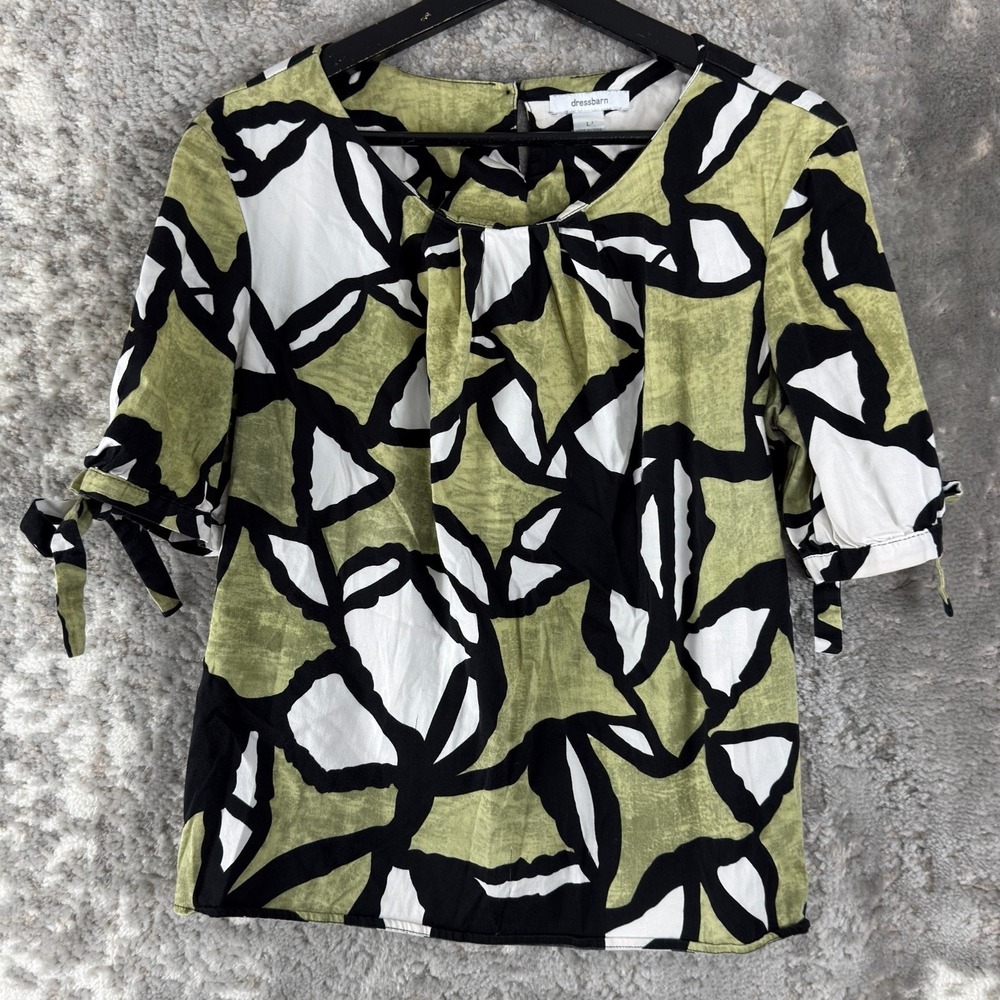 Dressbarn Size L Geometric Stretch Keyhole Top Green Short Sleeve Casual